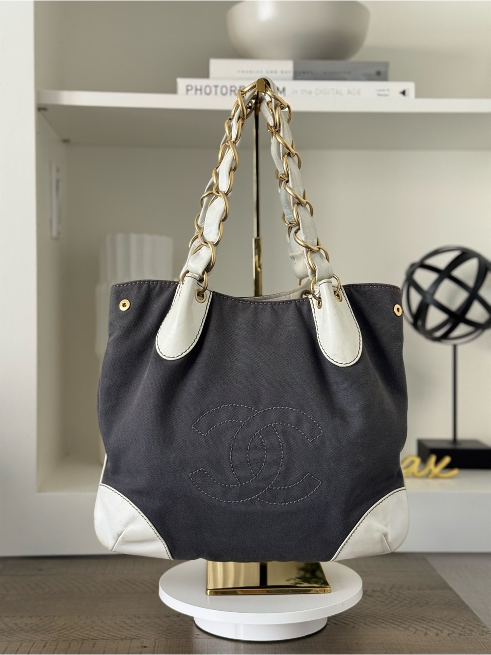 Chanel Olsen CC Canvas Hobo Bag Navy White Chain Shoulder Bag